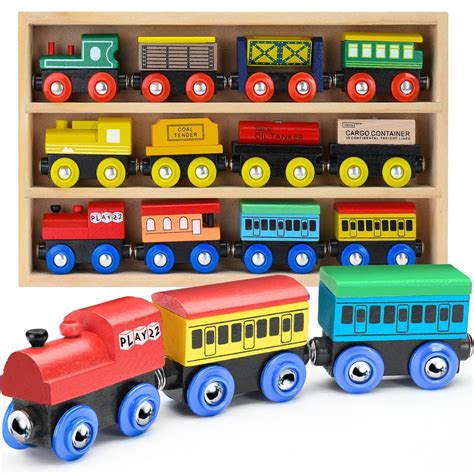 playusa wooden train set  pcs train toys magnetic set includes  engines toy train sets