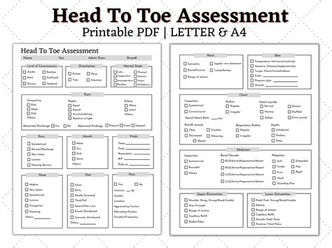 printable head  toe assessment form     form