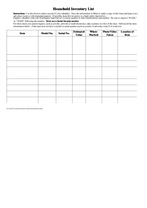 household inventory list printable