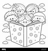 Kids Book Coloring Reading Stock Illustration Group Children Together Big Alamy Vector Getdrawings Drawing sketch template