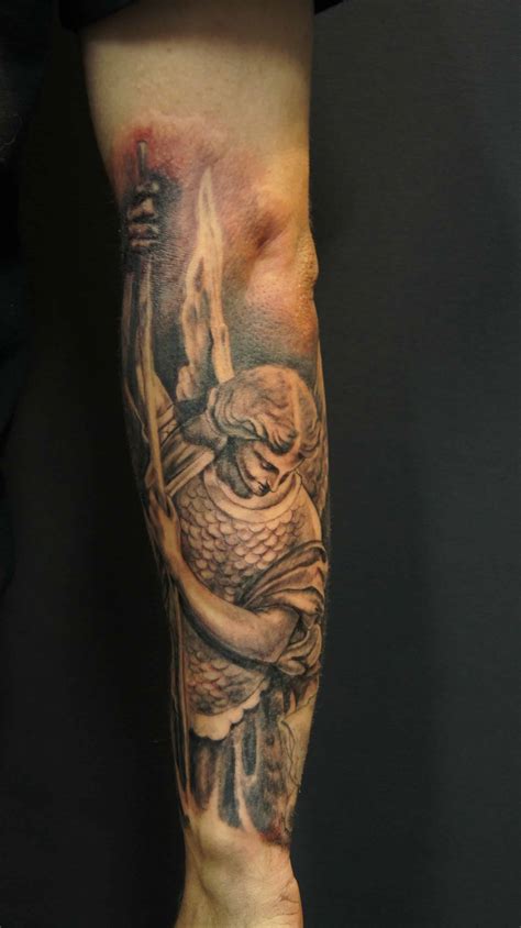 Half Sleeve Black And Grey St Michael Tattoo Chronic Ink