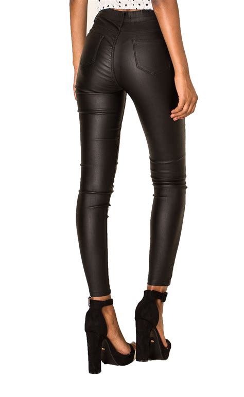 womens leather look trousers high waist faux skinny pants