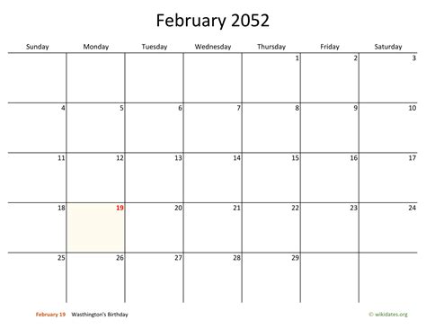february  calendar  bigger boxes wikidatesorg