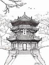 Temple Chinese Sketch Japanese Drawings Paintingvalley Sketches Pagoda sketch template