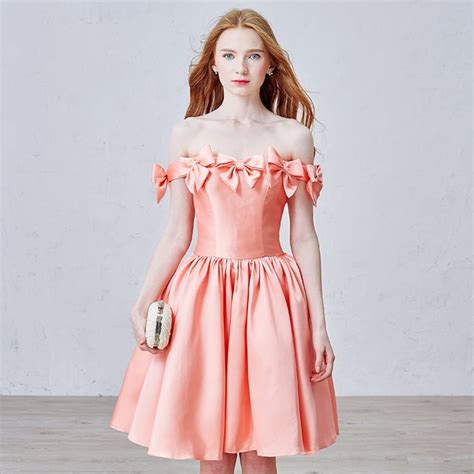 Women 2016 New Sweet Strapless Peach Cocktail Dresses Lace Up Back Bow
