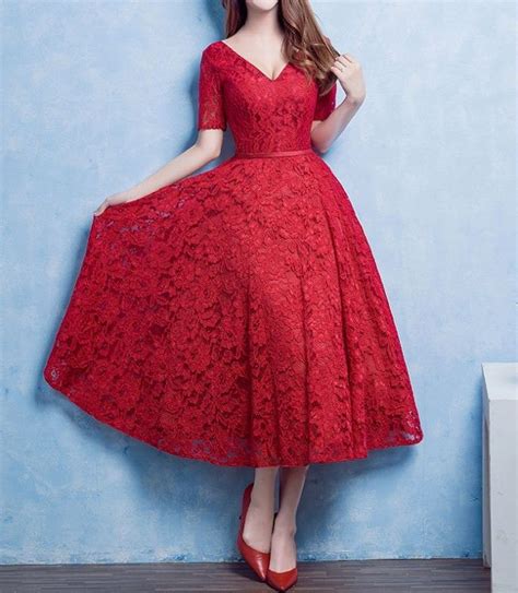 lacey perfection v neck 1950s style dress lace prom dress red lace
