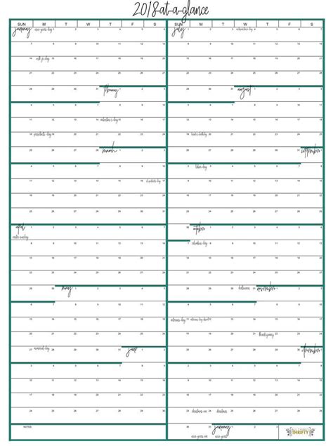 printable year   glance calendar