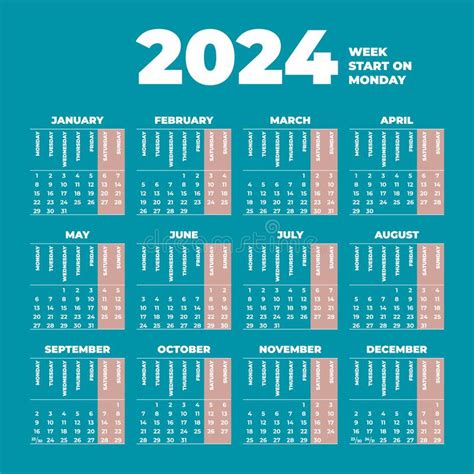 plantilla de calendario de   semanas  comienzan el lunes stock de ilustracion