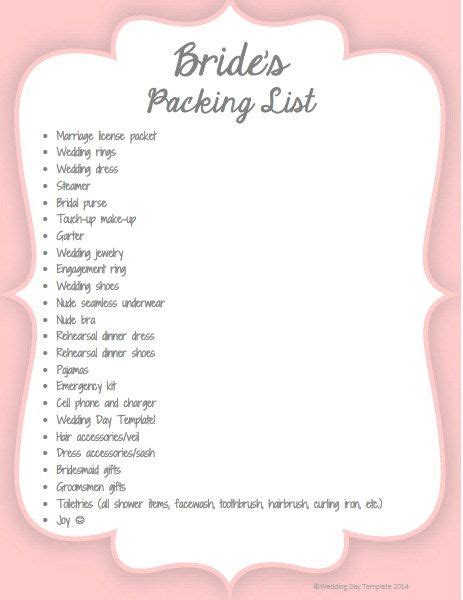 printable bride s packing list wedding day checklist wedding preparation wedding planning tips