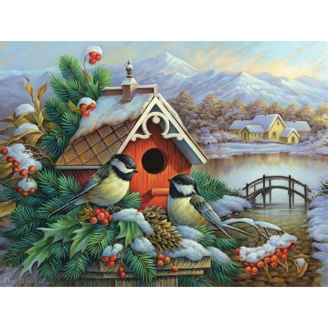 red birdhouse  chickadees  large piece jigsaw puzzle bits  pieces