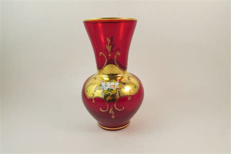 Vintage Red Murano Art Glass Vase With Enameled Flowers