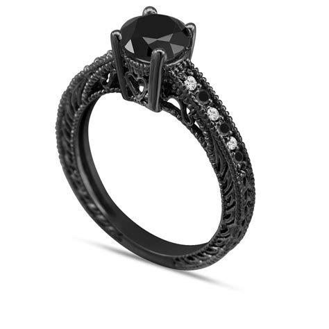 black diamond engagement ring  black gold  carat vintage antique