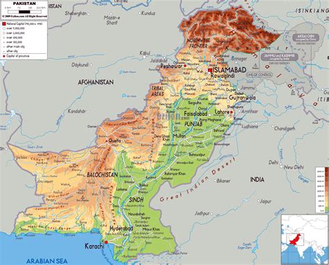 large physical map  pakistan  roads cities  airports pakistan asia mapsland