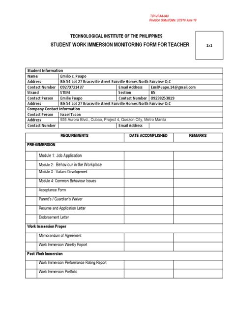 student work immersion monitoring form