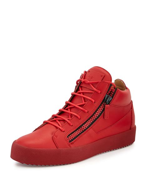 giuseppe zanotti mens matte leather mid top sneakers red top