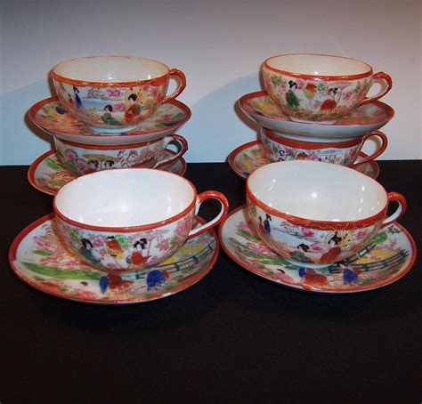Set Of 6 Vintage Geisha Girl Asian Cups And Saucer Sets From