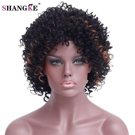 shangke hair short afro kinky curly wigs  black women highlight black synthetic wig heat