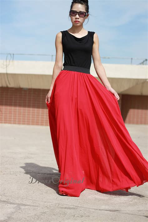 red maxi skirt red floor length skirt double layered chiffon etsy