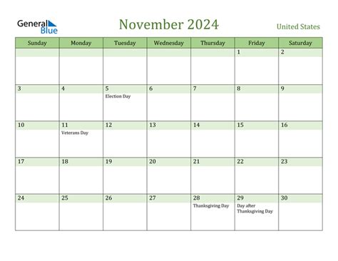 november  calendar  united states holidays
