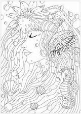 Coloring Pages Water Adults Worlds Fishes Sea Jellyfish Seas Adult Creature Woman Captivating Surrounded Hippocampes Stars Little sketch template