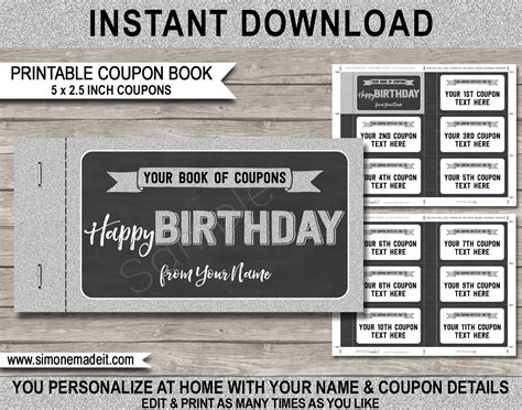 Printable Birthday Coupon Book Template Diy Personalized