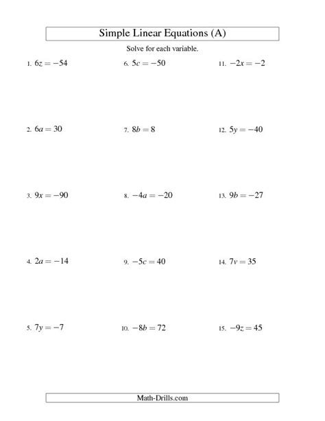 math equations worksheets  grade solving linear equations