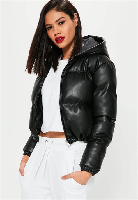 missguided black cropped faux leather padded jacket lyst