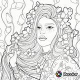 Coloring Pages Hair Girl Long Recolor Woman Flowers Beautiful Printable Book Curly Girls Adult Her Crazy Drawing Beauty Women Flower sketch template