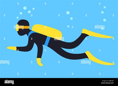 scuba diving cartoon vector illustration diver swimming underwater  blue background stock