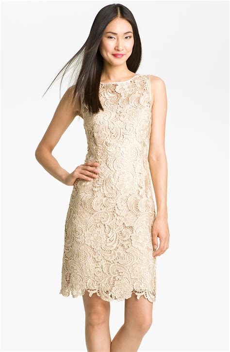 adrianna papell illusion bodice lace sheath dress in beige