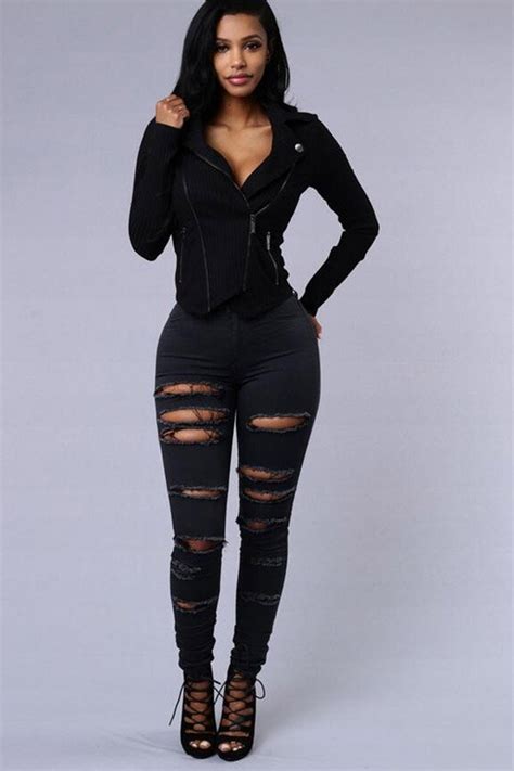 Hualong Skinny High Waist Womens Black Ripped Jeans Online Store For