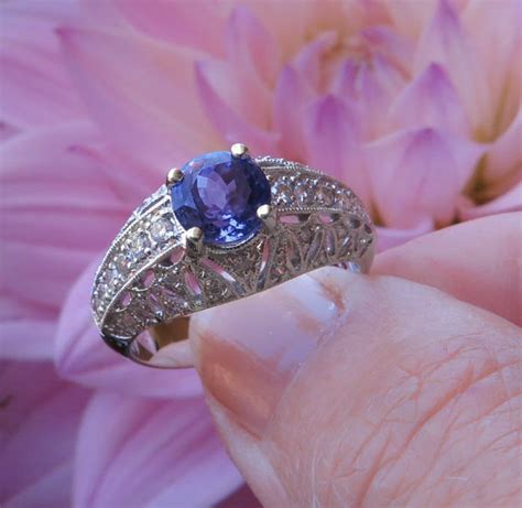 natural tanzanite ring   white gold  antique styling gr