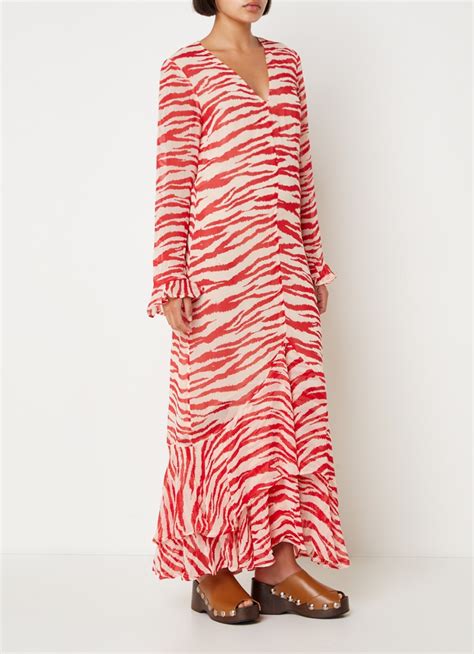ganni georgette maxi jurk met zebraprint en volant rood de bijenkorf