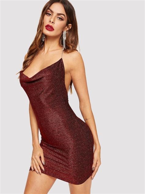 Backless Glitter Chain Halter Bodycon Dress Shein Sheinside Halter