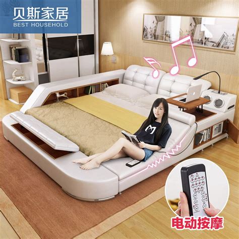 Massaging Leather Tatami Bed Skin Leather Art Bed Double
