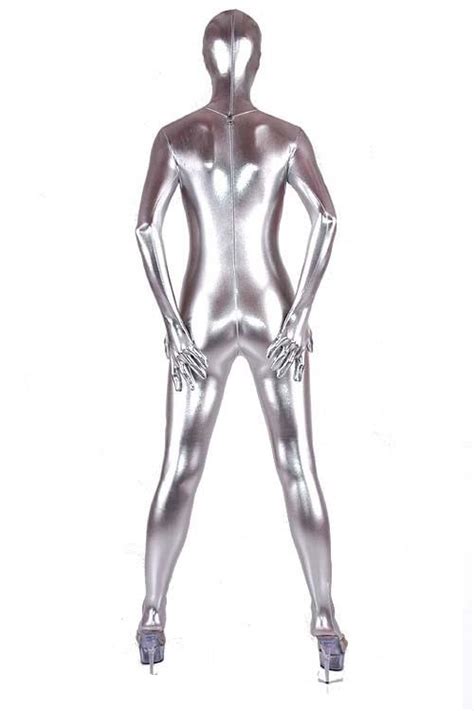 silver shiny metallic zentai fullbody zentai suit halloween party cosplay sexy costumes catsuit