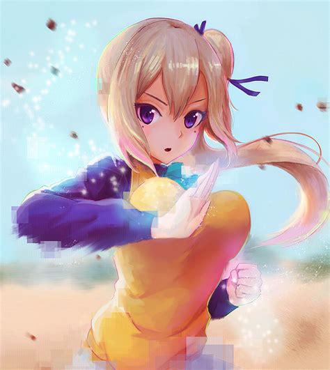1girl blonde hair blue bow blue ribbon bow breasts clenched hand hair