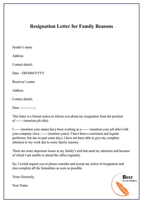 resignation letter  family reasons   letter template