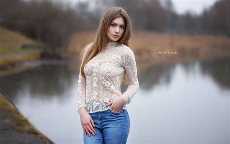 wallpaper blonde portrait lake women outdoors see through clothing pants jeans depth of