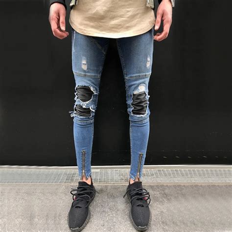 helisopus punk style distressed jeans men slim denim straight skinny jeans men streetwear ripped