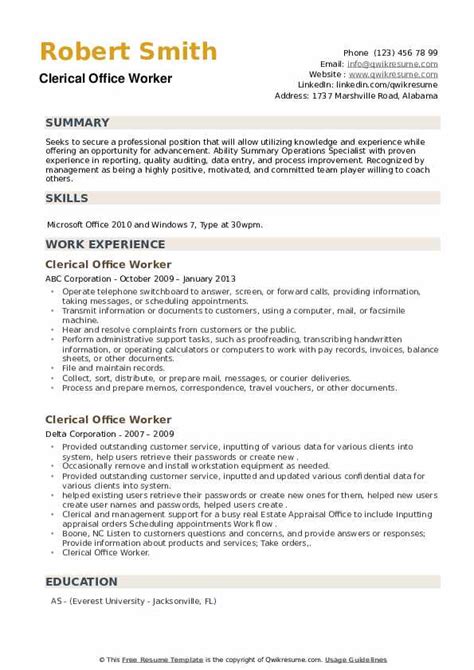 clerical office worker resume samples qwikresume