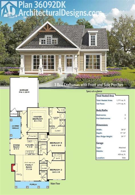 architectural designs  bed craftsman house plan dk   front   side covered porch