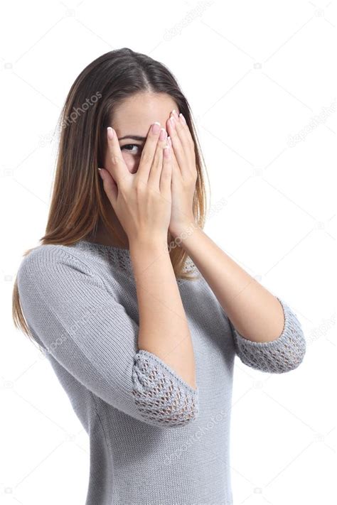 Embarrassed Woman Looking Through Her Hands Covering Her Face — Stock