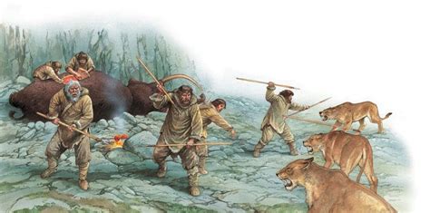 A Group Of Stone Age Hunters Ward Off Some Hungry Cave Lions From Their