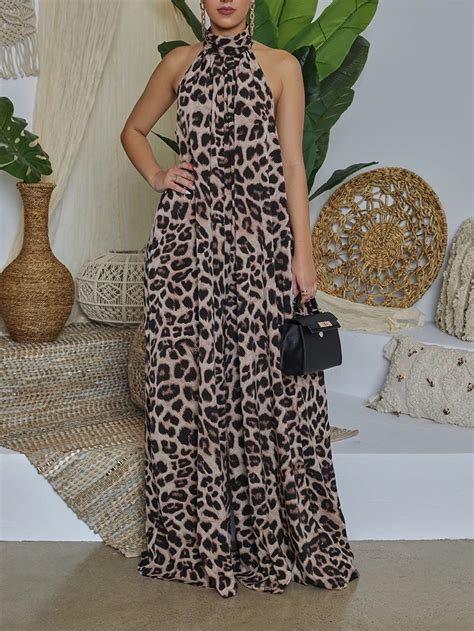 Wholesale Leopard Print Halter Neck Backless Sexy Maxi Dress