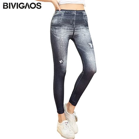 bivigaos women leggings slim thin sexy jeggings pencil pants fake torn