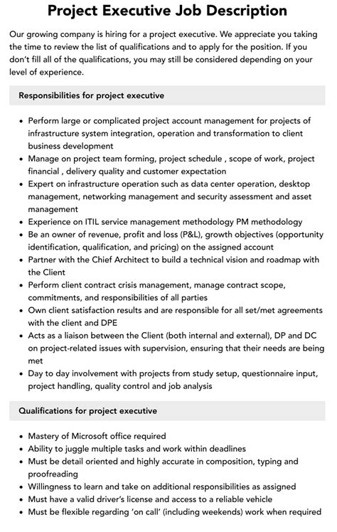 project executive job description velvet jobs