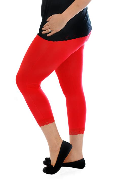 womens leggings plus size ladies cropped plain trousers lace trim cuff nouvelle ebay