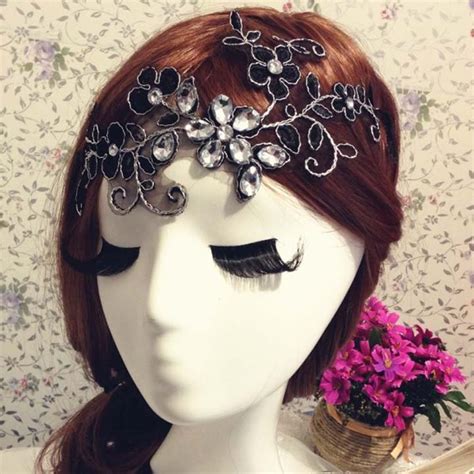 Bridal Rhinestone Black Forehead Band Flower Lace Hair