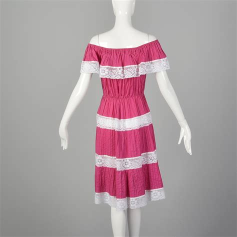 s hot pink dress 1980s ruffle off the shoulders lace trim mexican style